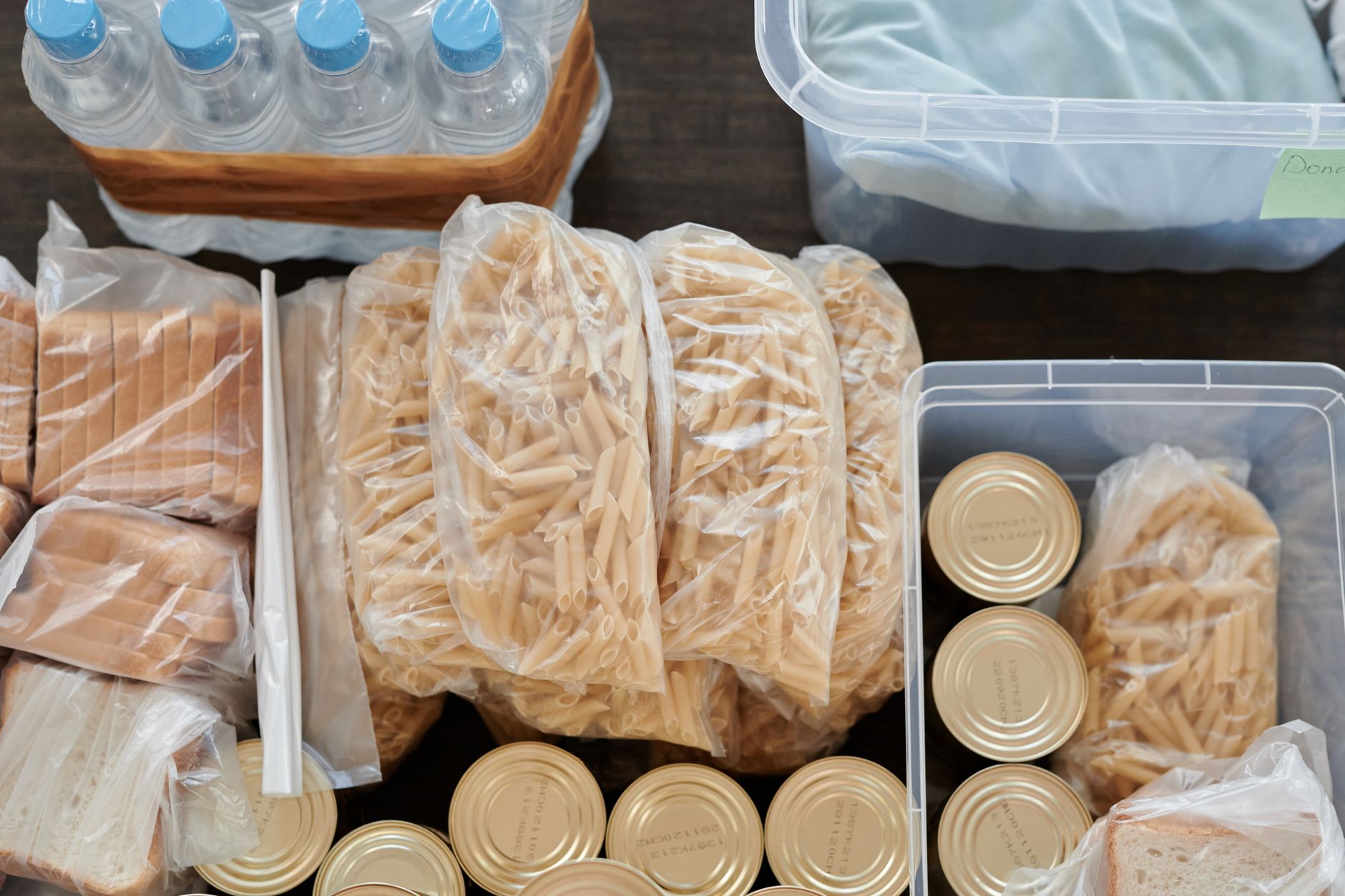Grain stored in mylar bags inside plastic buckets with oxygen absorbers for long-term food storage